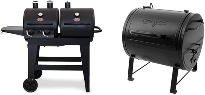 Char-Griller E5030 Dual Function 2-Burner Gas & Charcoal Grill, Black & E82424 Smoker Side Fire Box Portable Charcoal Grill, Black