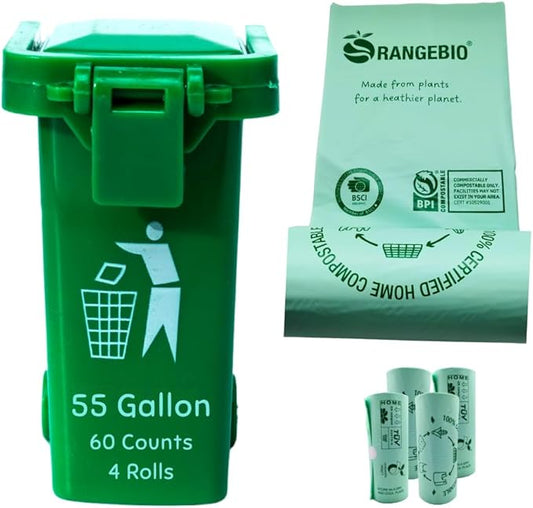 100% Certified Home Compostable Trash Bags, 55 Gallon, 60 Count, 1.5 Mils Extra Thick 38 x 58 Inches, 208 Liter, Compostable Liners, ASTM D6400 EN 13432 US BPI & OK Compost Home Certified