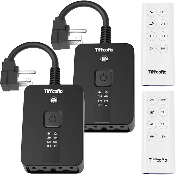 TiFFCOFiO Outdoor Timer Waterproof, Remote Control Dusk to Dawn Sensor Countdown, 100 ft Range, 2 Grouded Electrical Outlets for Home and Garden, 15A 1/2HP, Heavy Duty, ETL Listed (2 Packs)