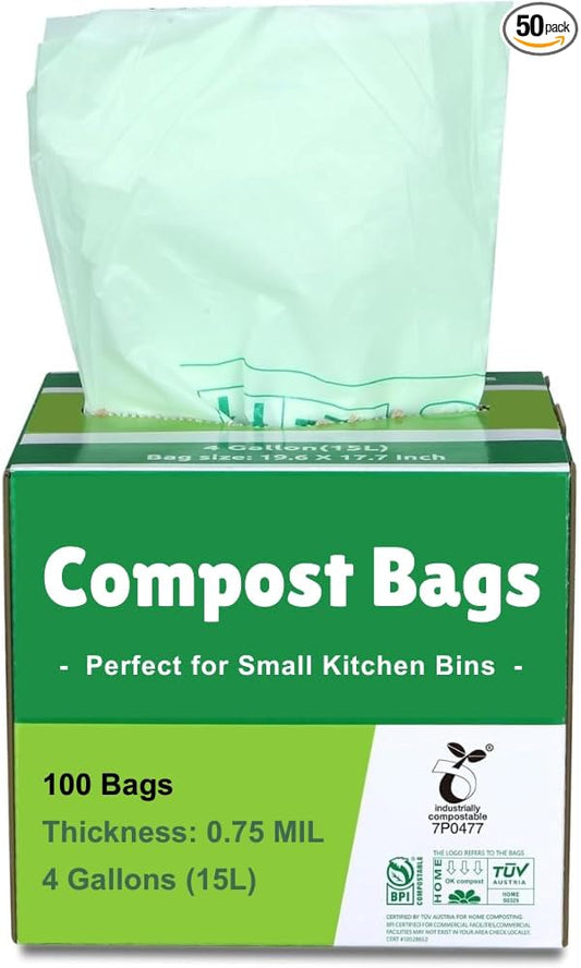 Primode 100% Compostable Bags, 4 Gallon (15L) Food Scraps Yard Waste Bags, Extra Thick 0.75 Mil. ASTM D6400 Compost Bags Small Kitchen Trash Bags, 100 Count Certified by BPI & TUV EU