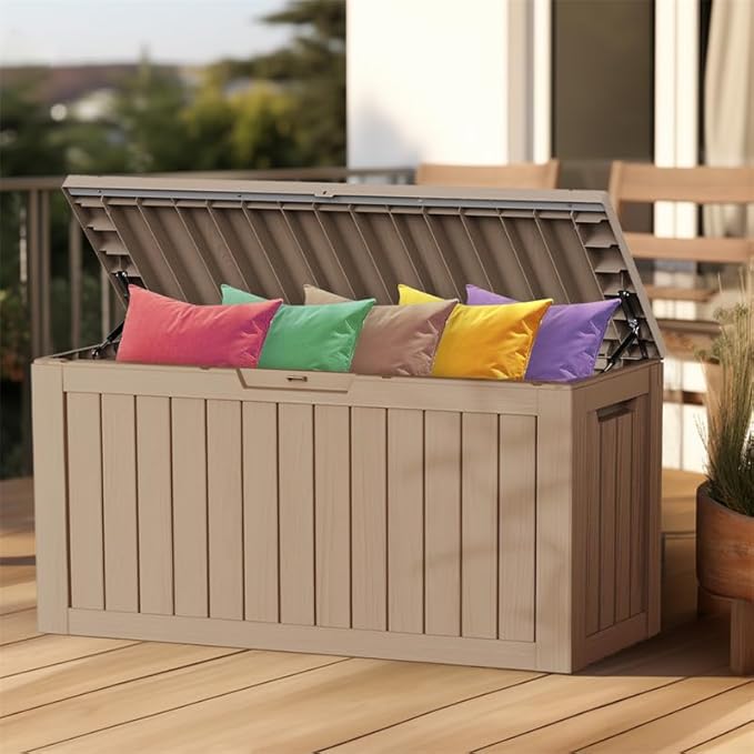 80 Gallon Deck Box Large Outdoor Storage for Patio Furniture,Outdoor Cushions,Garden Tools and Pool Supplies,Waterproof,Resin,Lockable(Grey)