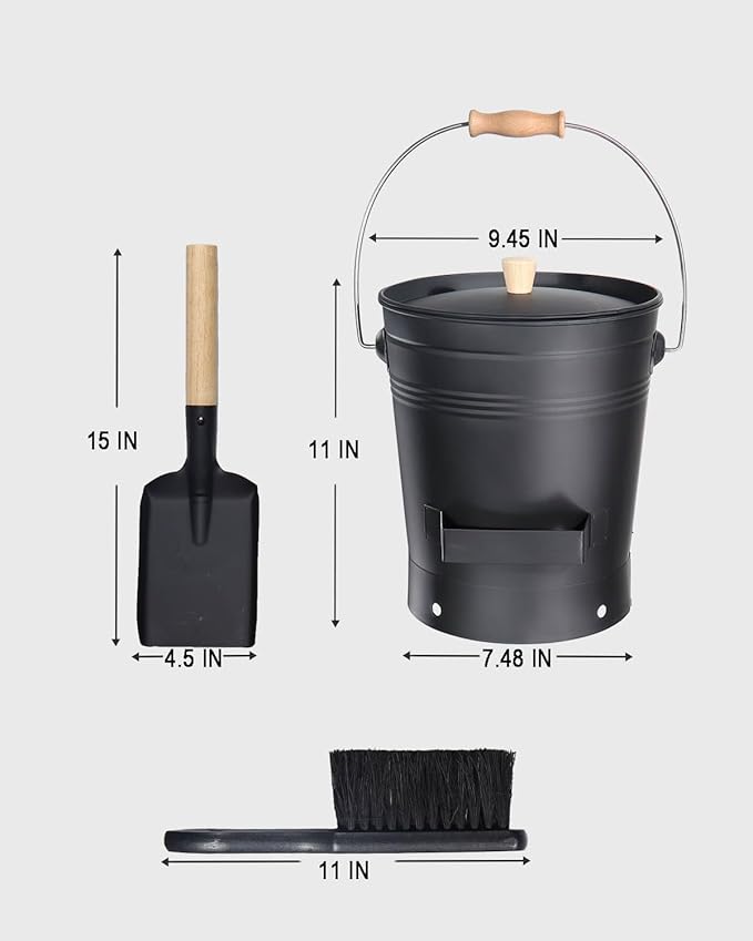 vensovo 2.5 Gallon Ash Bucket with Lid - Shovel, Broom, and Gloves, Heavy Duty Galvanized Iron, Fire-Resistant, Black Finish Perfect for Fireplaces