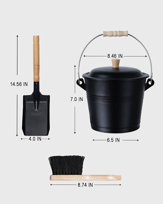 vensovo 1.5 Gallon Ash Bucket with Lid - Shovel, Broom, and Gloves, Heavy Duty Galvanized Iron, Fire-Resistant, Black Finish Perfect for Fireplaces, Fire Pits