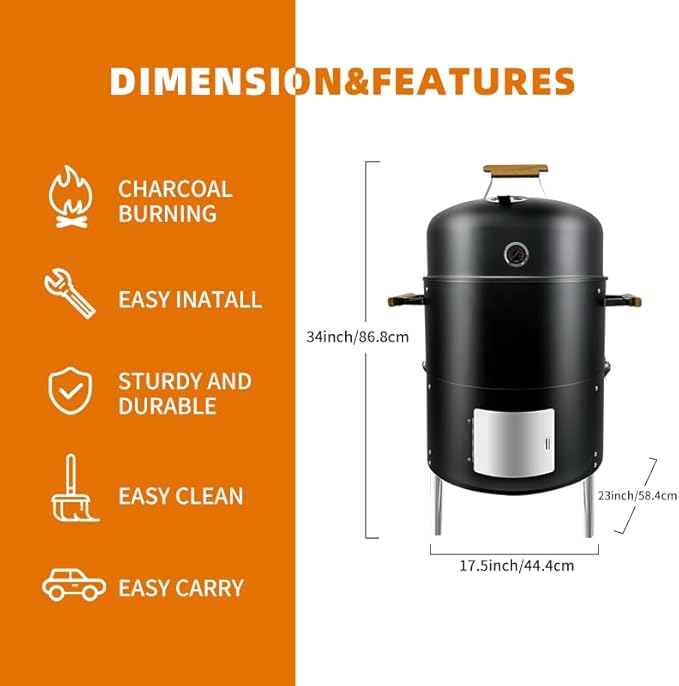 17-1/2" BBQ Smoker Grill & Grill Cover Smoker with Rack 4 Hooks Wooden Handles BBQ Smoker Single Door Design Outdoor Cooking Large Capacity Charcoal Smoker for Parties Gathering Camping