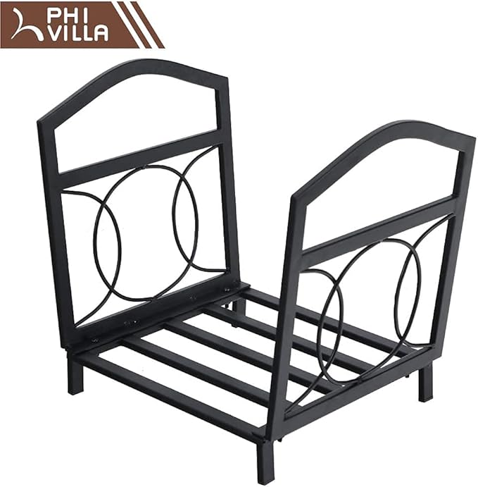 PHI VILLA 17 Inch Small Firewood Log Rack Indoor/Outdoor Steel Wood Storage Log Rack Bin Wood Holder Fireplace Accessories Circle Design, Black