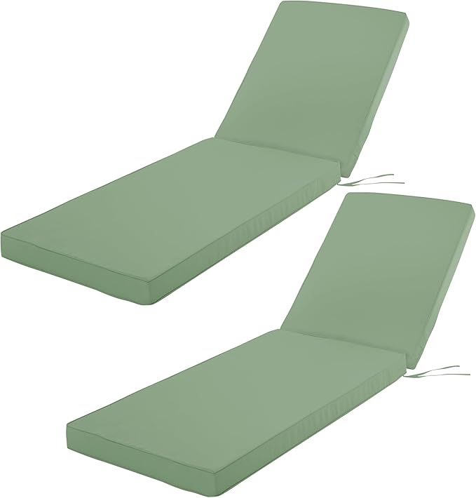 Outdoor Chaise Lounge Cushion Set of 2, Fadesafe Water-Repellent Lounge Deck Reclining Chair Cushions for Patio Furniture Lawn Pool Resort Hotel, 72x21x3 Inch, Sage Green