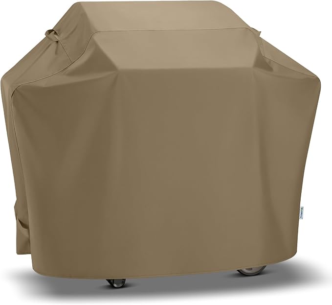 SunPatio Grill Cover 55 Inch for Outdoor Grill, Heavy Duty BBQ Cover with Waterproof Sealed Seam, FadeStop Material, All Weather Resistant Compatible for Weber CharBroil Nexgrill and More, Taupe