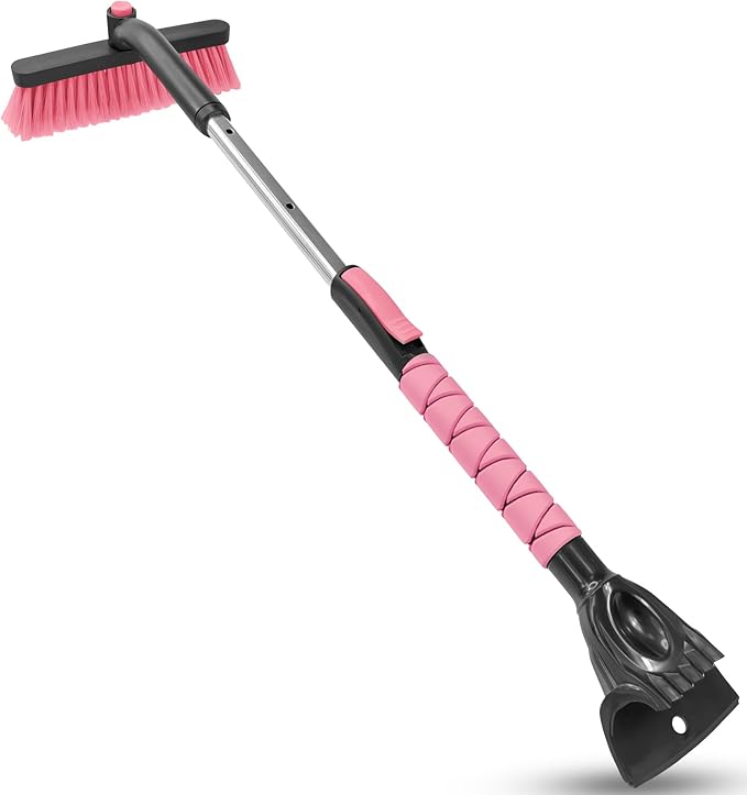 SEAAES 33 Inch Snow Brush and Ice Scraper for Car Windshield, Extendable Snow Scraper and Brush with Foam Grip for Truck SUV Vehicle Window - Pink