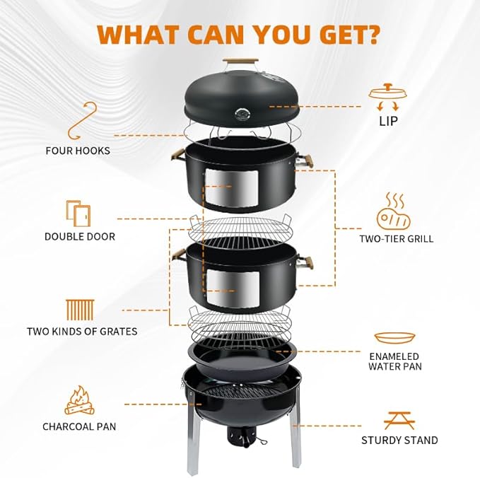 20.5" 3-in-1 BBQ Smoker Grill Built in Thermometer, Air Vent and 2 Access Doors, Multi-Layer Meat Smoker with 5 Bamboo Handles and Rib hanger set with 4 Hooks, Parties, Backyard, BBQ