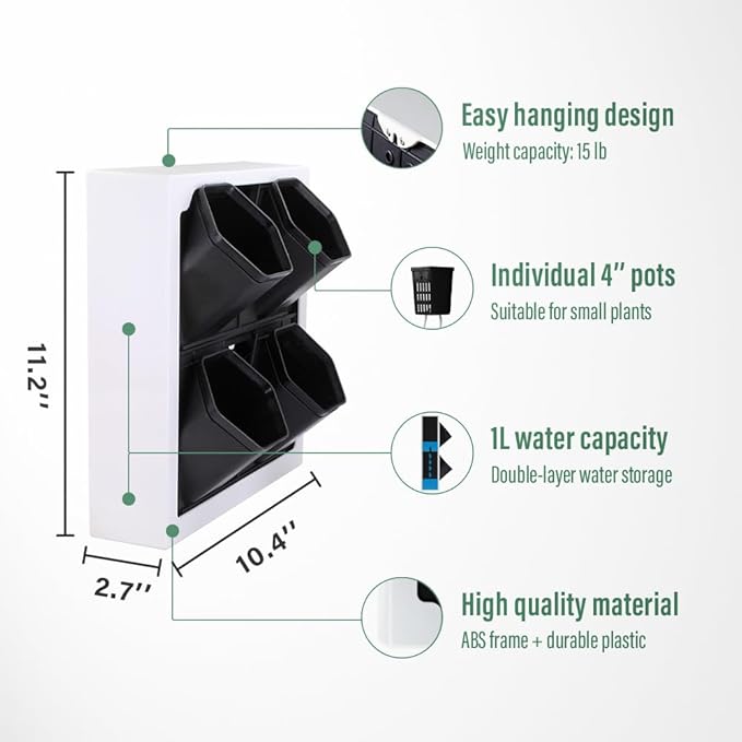 Self Watering Wall Planter with 4 Pots - Easy to Create Indoor Living Wall for Home, Office and Shop Front - Includes Water Gauge (White)