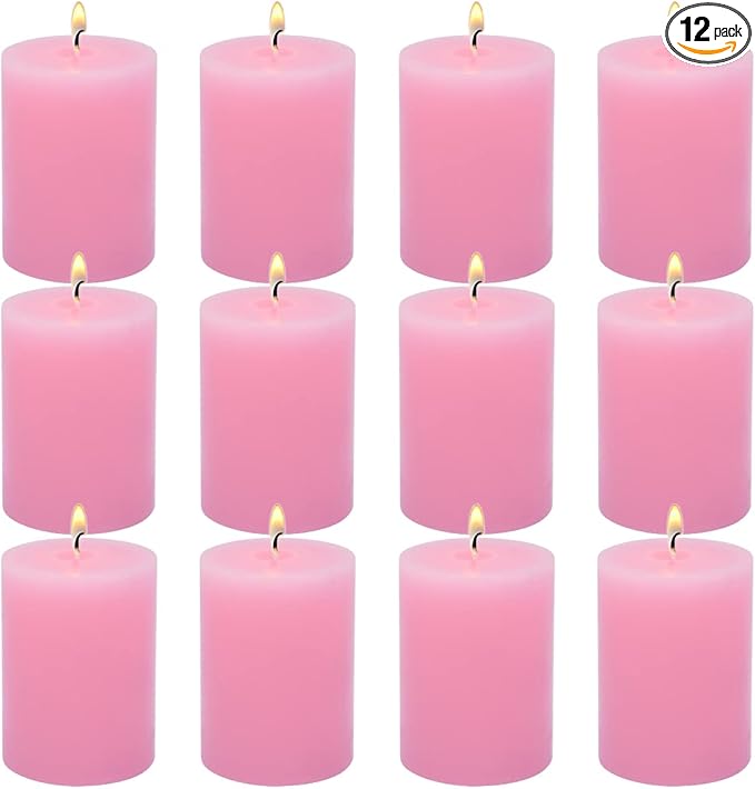 12 Pack 2x3 Inch Pink Pillar Candles for Romantic Valentine's Day, Unscented Column Candles for Home Restaurants Spa Church Weddings, Smokeless Dripless and Clean Burning Emergency Candle