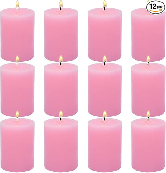 12 Pack 2x3 Inch Pink Pillar Candles for Romantic Valentine's Day, Unscented Column Candles for Home Restaurants Spa Church Weddings, Smokeless Dripless and Clean Burning Emergency Candle
