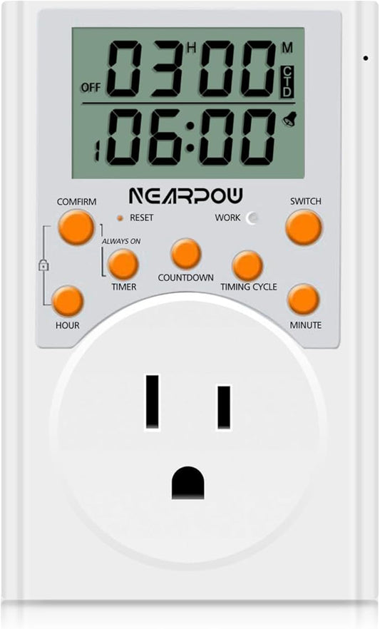 Timer Outlet, Nearpow Multifunctional Infinite Cycle Programmable Plug-in Digital Timer Switch with 3-Prong Outlet for Appliances, Energy-Saving Timer, 15A/1800W