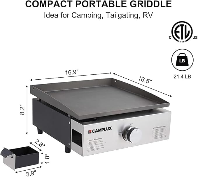 Camplux Propane Gas Grill,Flat Top Grill Station for Kitchen,Camping,Outdoor,Tabletop -Stainless Steel BBQ Griddle with Knobs & Ignition,17inch