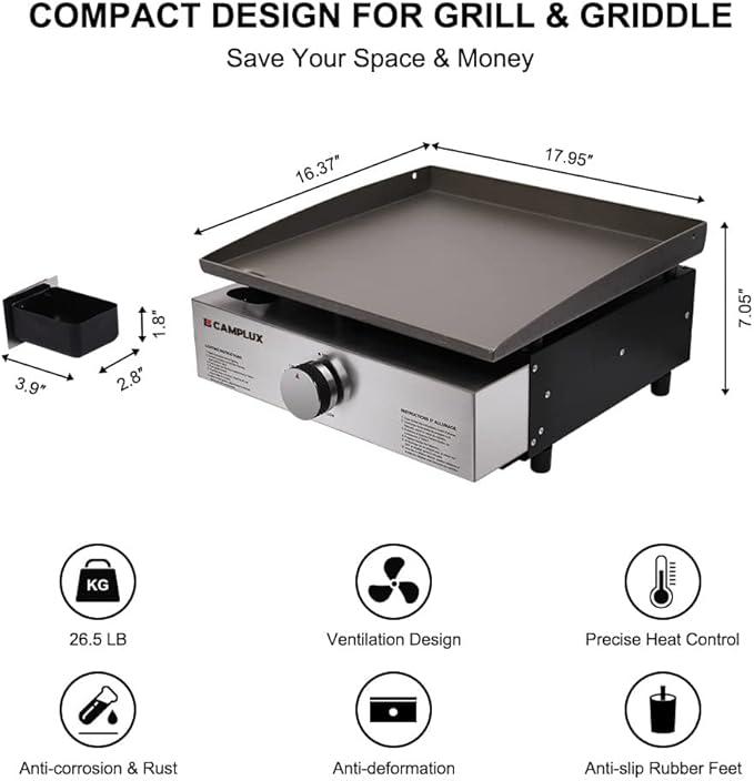 Camplux Propane Gas Griddle Grill, 15,000 BTU Griddle Grill Combo, Portable Camping Griddle Station 17 Inches with 20 lb and RV Regulator for Camping, RV Picnic and Tailgating