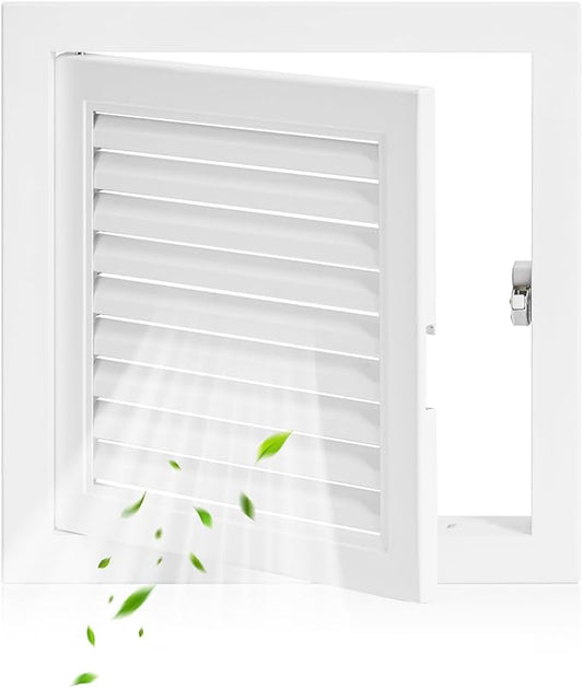 11.5 x 11.5 Louvered Access Panel with Elephant Trunk Latch - Access Panel with Vent - White Aluminum - Inside Dimensions: 10 x 10 inch