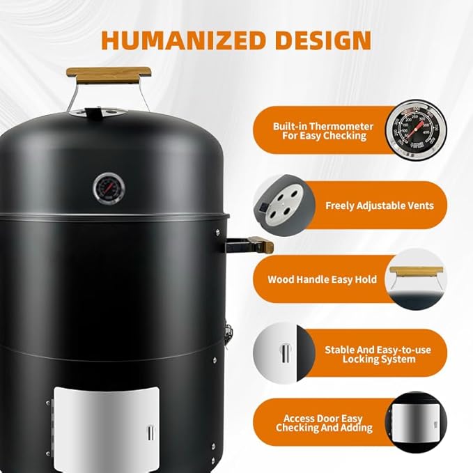 17-1/2" 3-IN-1 BBQ Smoker Grill Built in Thermometer, Air Vent and Access Doors, Multi-Layer Meat Smoker Grill with 3 Bamboo Handles, Idea for Parties, Backyard, BBQ