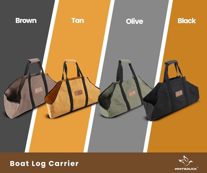 WHITEDUCK TUFF Large Firewood Carrier 21 Oz. Heavy Duty Waxed Canvas Log Carrier Holder for Fireplace, Carrying Wood Indoor & Outdoor (Brown, Boat Shape (26"x17"x9"))