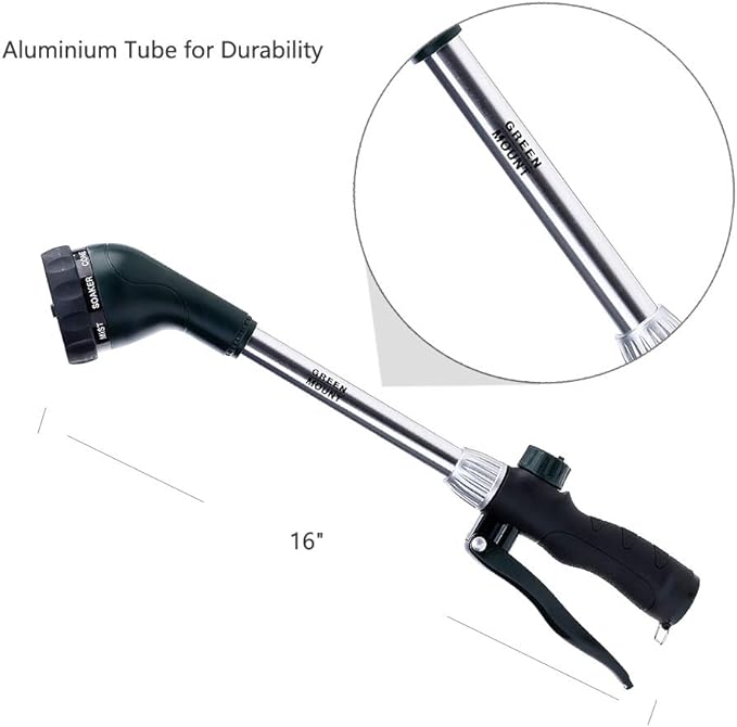GREEN MOUNT Watering Wand 16-Inch, Heavy Duty Garden Wand with 8 Spray Patterns | Ergonomic & Lightweight for Easy Watering | Ideal for Hanging Baskets, Potted Plants, Window Boxes,Blackish Green