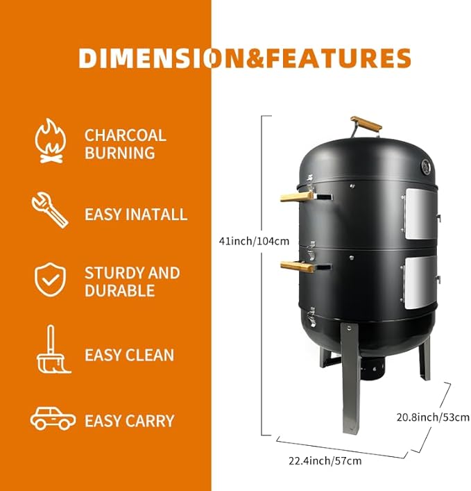 20.5" 3-in-1 BBQ Smoker Grill Built in Thermometer, Air Vent and 2 Access Doors, Multi-Layer Meat Smoker with 5 Bamboo Handles and Rib hanger set with 4 Hooks, Parties, Backyard, BBQ