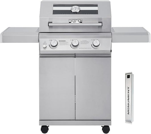 Monument Grills Larger 3-Burner Propane Gas Grills Barbeque Stainless Steel Heavy-Duty Cabinet Style with Smoker Box (2 Items)