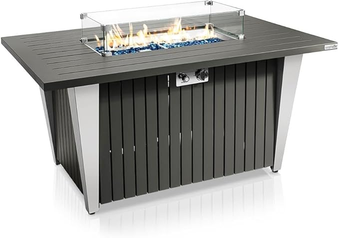 Outdoor Propane Fire Pit Table - CSA/ETL Certified 50,000 BTU Pulse Ignition Weatherproof Rectangle Propane Gas Fire Table w/Adjustable Flame - Glass Rocks Wind Guard, Black - SereneLife SLFPSX55