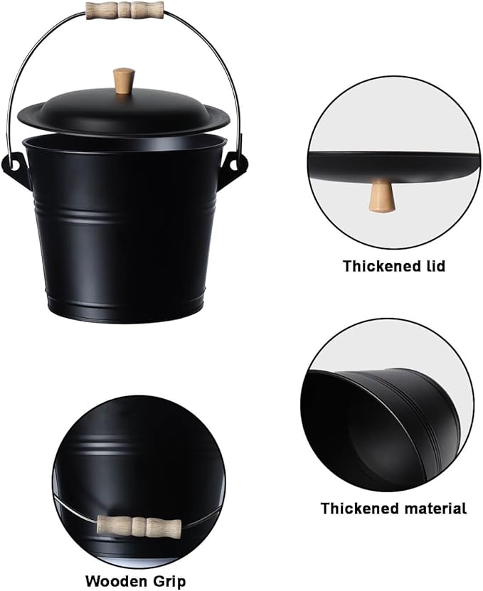 vensovo 1.5 Gallon Ash Bucket with Lid - Shovel, Broom, and Gloves, Heavy Duty Galvanized Iron, Fire-Resistant, Black Finish Perfect for Fireplaces, Fire Pits