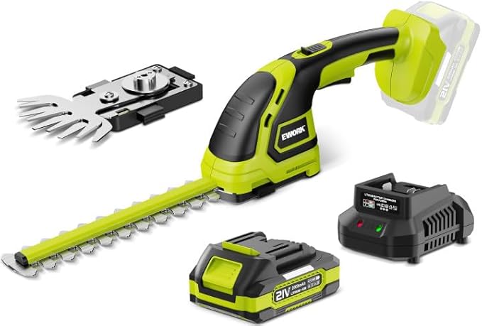 EWORK 2-in-1 Cordless Hedge Trimmer and Grass Shears 21V Handheld Small Electric Bush Trimmer with 2.0Ah Battery and Charger, Battery Powered Shrub Trimmer for Garden, Yard, Lawn Maintenance