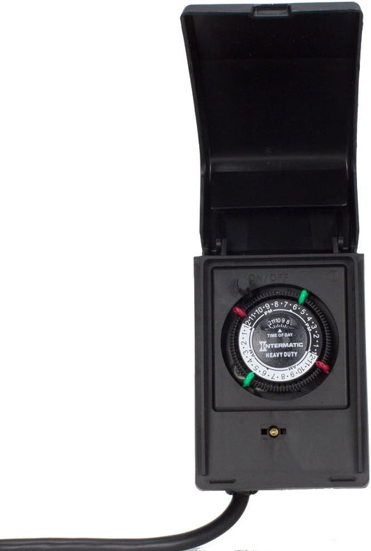 Intermatic HB11K Heavy-Duty Outdoor Plug-in Timer โ 2 ON/2 Off Settings, 30-Min Minimum Intervals, Weatherproof Flip Cover, 15A/1800W, 1 HP Rated, 13" Cord โ Ideal for Pool Pumps, Lights, Decorations