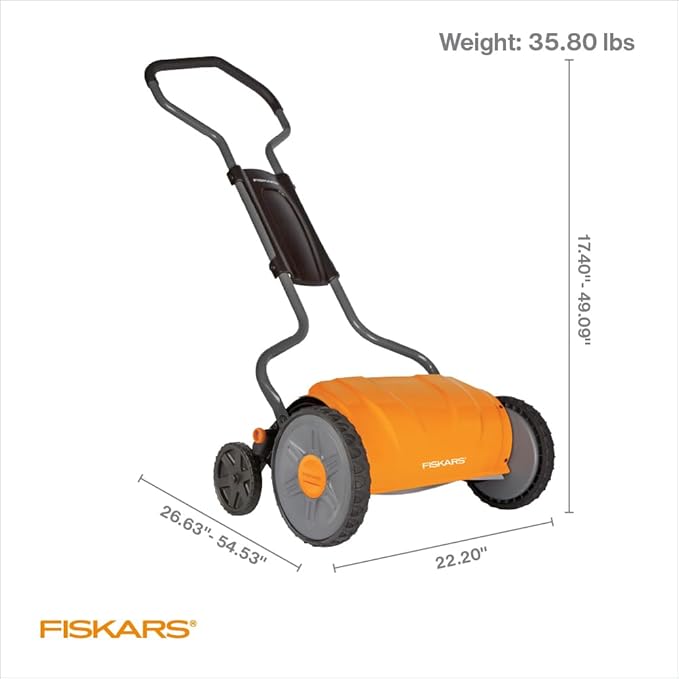Fiskars Push Mower - 17" Cut Width Manual Reel Mower with No Motor - Grass Cutter with Steel Blades that Stay Sharp - Eco-Friendly Cordless Grass Trimmer for Lawn Care