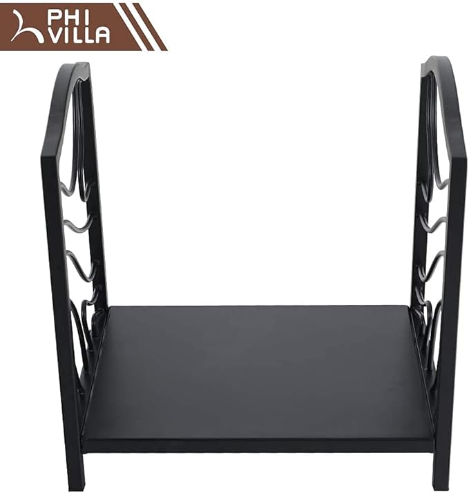 PHI VILLA 17 Inch Firewood Log Rack Bin Indoor/Outdoor Decor Steel Fireplace Wood Holder Storage Brackets Holder Wood Burning Stove Accessories, Black Wave
