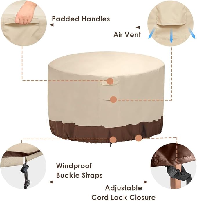 Vailge Fire Pit Cover Round,100% Waterproof Round Patio Fire Bowl Cover,Outdoor Heavy Duty Gas Firepit Table Covers with Air Vent and Handle