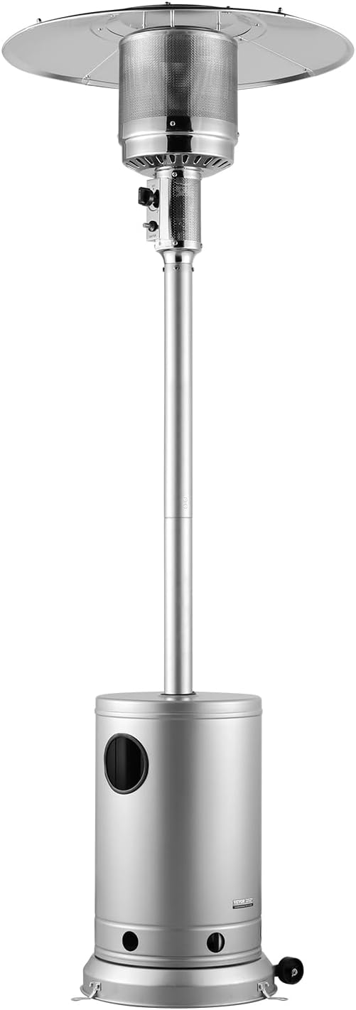 VEVOR Patio Heater for Outdoor Use, 50000BTU Propane Heater Tall Hammered With Round Table Design, Metal Burner and Wheels, Fixed Outdoor Patio Flame Heater for Patio, Party, Backyard, Garden, Silver