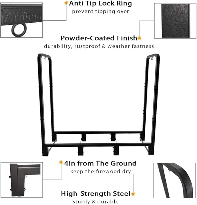 Artibear 4ft Outdoor Firewood Rack, Upgraded Adjustable Heavy Duty Logs Stand Stacker Holder for Fireplace - Metal Lumber Storage Carrier Organizer, Bright Black