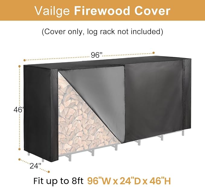 Vailge Firewood Rack Cover 8FT, Waterproof Firewood Rack Outdoor Cover with Full Front Zipper & Windproof Straps, Heavy Duty 600D Oxford Log Protector for All Seasons