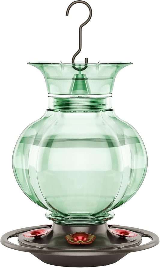 Auslar Hummingbird Feeder, Green Glass Hummingbird Feeder for Outdoors Hanging with Ant Moat, 5 Simulation Flowers Feeding Ports, 23 Ounces, Rustproof, Fade Proof, Pomegranate Shape