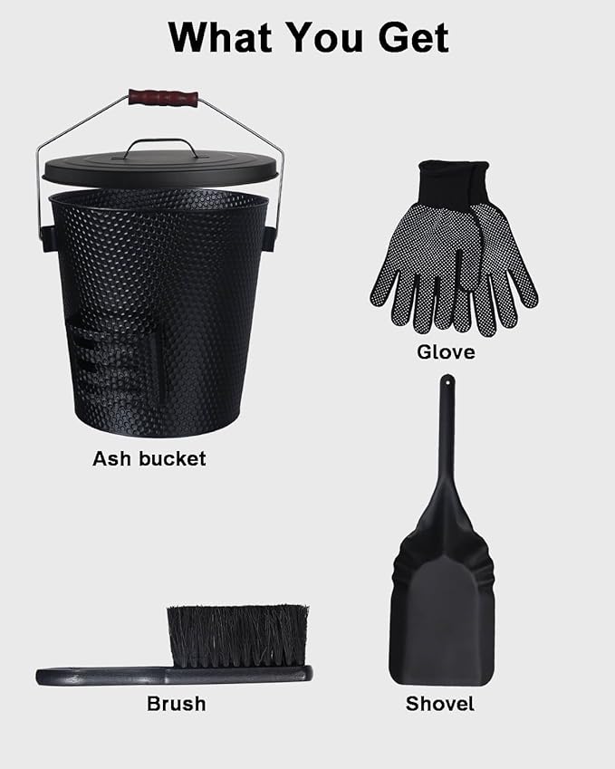 5 Gallon Ash Bucket with Lid - Shovel, Broom, and Gloves, Heavy Duty Galvanized Iron, Fire-Resistant, Black Finish Perfect for Fireplaces, Fire Pits, Wood-Burning Stoves, and Grills