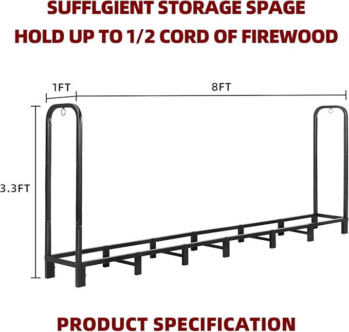 8FT Firewood Rack Holder,Heavy Duty Firewood Storage Log Rack for Outdoor&Indoor,Fireplace Wood Rack for Wood Storage