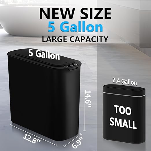 TIPGO 5 Gallon Motion Senor Bathroom Trash Can with Lid, Automatic Garbage Can Touchless, Smart Plastic Waste Basket for Narrow Spaces, Bathroom, Office, Bedroom, Living Room (Black)