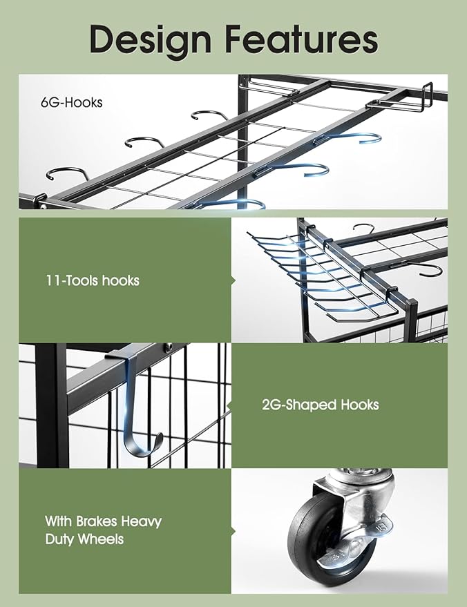 Heavy-Duty Garden Tool Organizer for Garage with 2 Stair-Climbing Wheels, Lawn & Yard Tool Storage Rack, Garage Tool Cart with Lockable Wheels, Outdoor Garden Tool Storage for Sheds