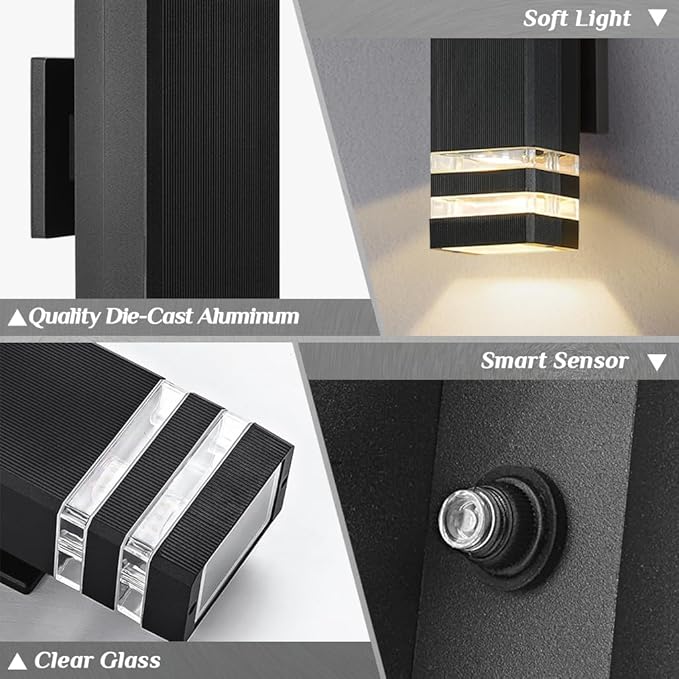 SHIMR Dusk to Dawn Outdoor Lighting 2 Pack, Outdoor Wall Sconce with GU10 Bulbs, Black Aluminum Exterior Lighting Fixtures Wall Mount, Modern Outside Lights for Garage Patio Garden, ETL Listed