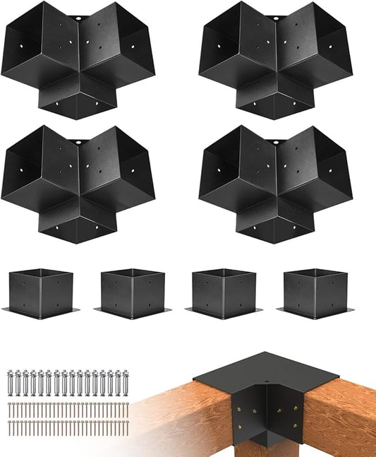 VEVOR Pergola Bracket Kit, 6x6 Inch (Inner Size 5.5x5.5), 4 Pcs 3-Way Heavy Duty Corner Bracket Woodworks DIY Post Base Kit, Easy Installation Wooden Beams for Gazebos, Patio Pergolas, Log Cabin
