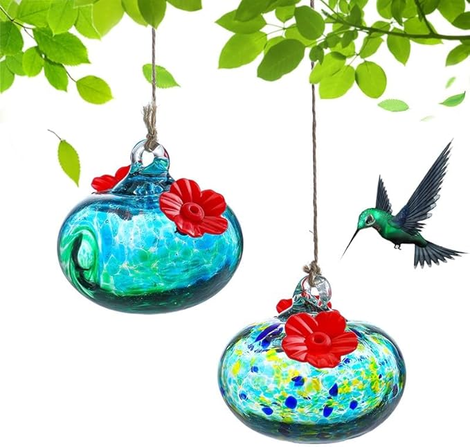 2pcs Small Glass Hummingbird Feeders for Outdoors Humming Bird Feeder with 2 Flower Feeding Ports for Window Garden Patio Decor Blown Glass Hummingbird Feeder for Outside