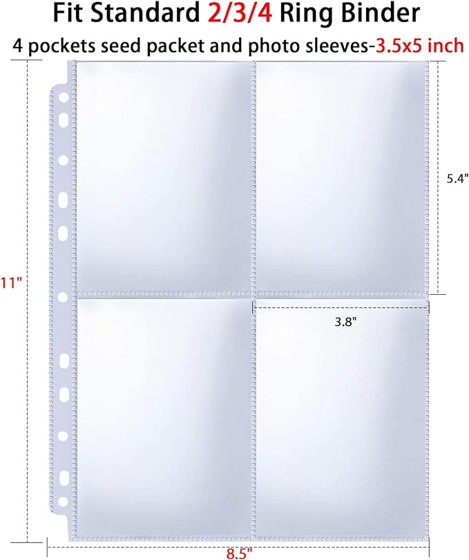 240 Pockets 3.5x5” Seed Packet Sleeves, 30 Pack Double Sided 4 Pocket Seed Organizer Sheet,Heavy Duty Garden Seeds Storage Pages for 3 Ring Binder, 8.5x11” Top Loading Clear Photo, Index Card Sleeves