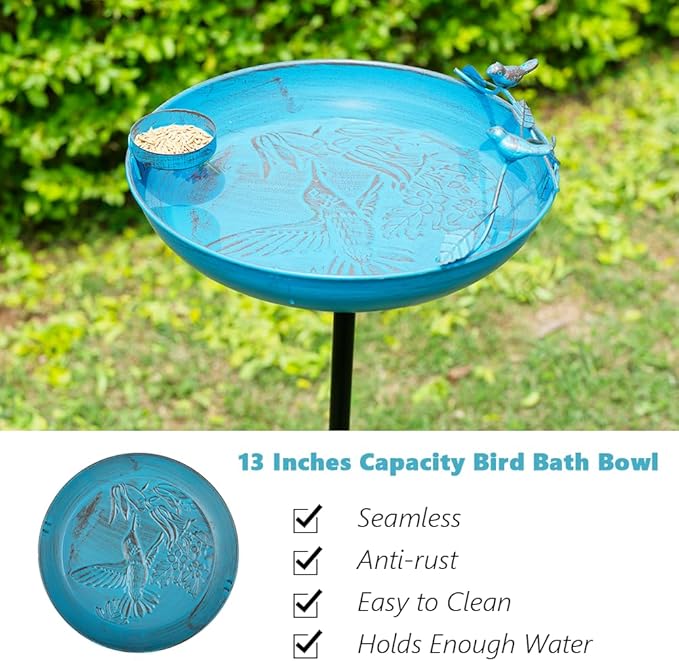 Metal Bird Bath for Outdoor, 37 Inch Tall Birdbath with Stake, Standing Bird Baths with 13" Bowl & Decorative Small Bird Feeder & Cast Iron Bird for Outside Garden Patio Yard Decor