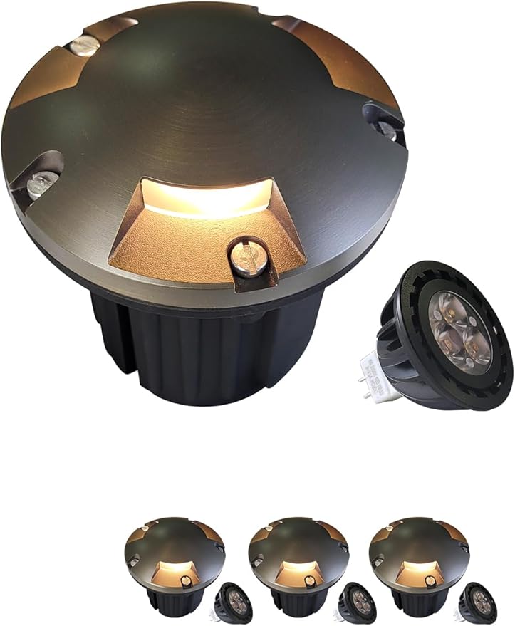 MALORY Brass Top Cover Landscape Well Lights,(5‘’H 12V Low Voltage Outdoor In Ground Lights,Landscape Lighting for Pathway, Driveway and Garden (Three-Direction Turret, 4-Pack with Bulb)