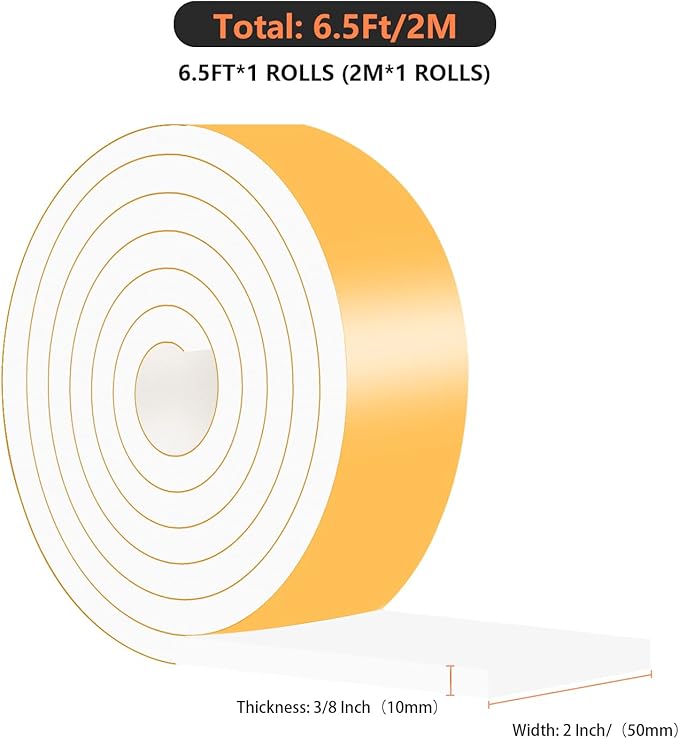 Weather Stripping,Door Seal,Door Insulation,Insulation Tape Roll for Insulating Door Frame, Window, Air Conditioner (White,2 in x 3/8 in x 6.5Ft)