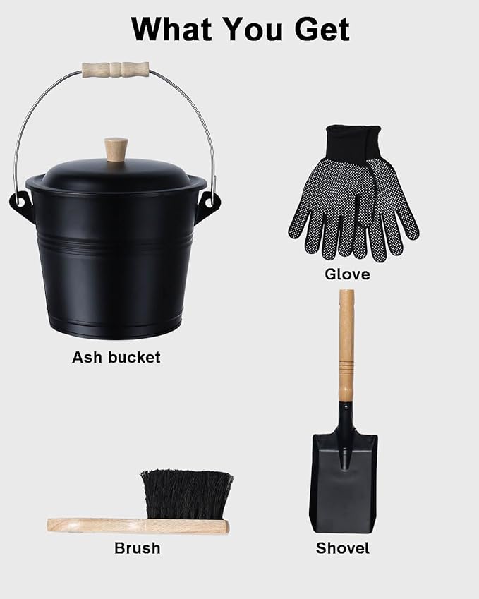 vensovo 1.5 Gallon Ash Bucket with Lid - Shovel, Broom, and Gloves, Heavy Duty Galvanized Iron, Fire-Resistant, Black Finish Perfect for Fireplaces, Fire Pits