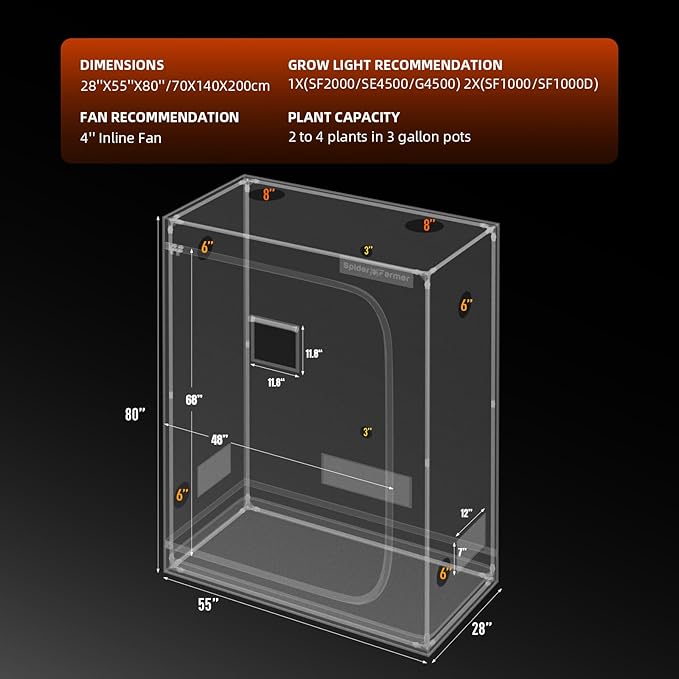 Spider Farmer 4.6x2.3x6.6 Grow Tent Pro-Grade, 55"x28"x80", with Observation Window and Floor Tray, 1680D Thicken Mylar Canvas, 4x2 for Indoor Hydroponic Growing for SF2000, SE4500, G4500