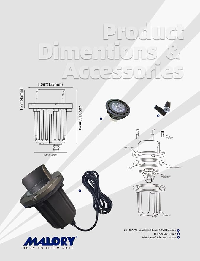 MALORY Brass Top Cover Landscape Well Lights,(6‘’H 12V Low Voltage Outdoor In Ground Lights, Anti-Glare Landscape Lighting with 5W 450LM MR16 for Pathway, Driveway (Shield Top, 10-Pack with Bulb)